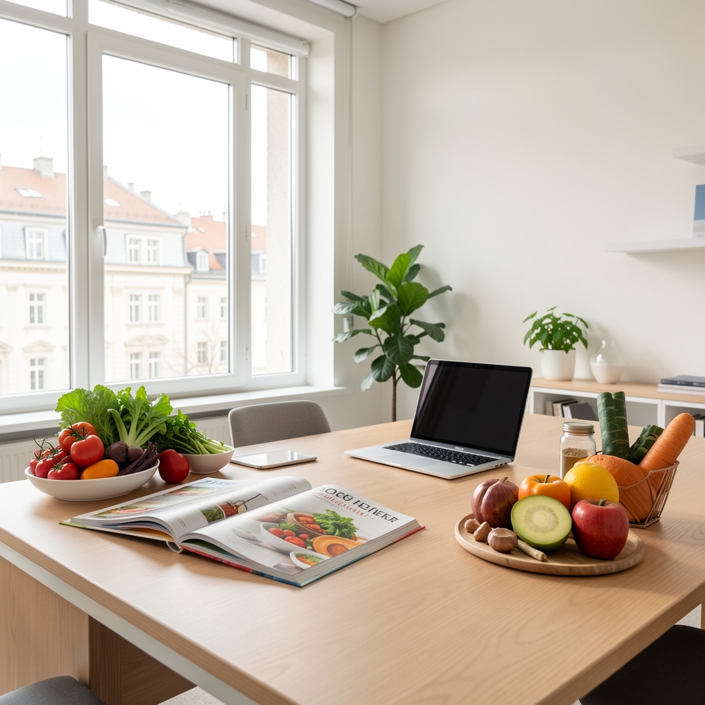 Modernes helles Büro in Zürich mit grossem Fenster, Schreibtisch mit aufgeschlagenen Ernährungsbüchern, frischen Lebensmitteln und einem Laptop