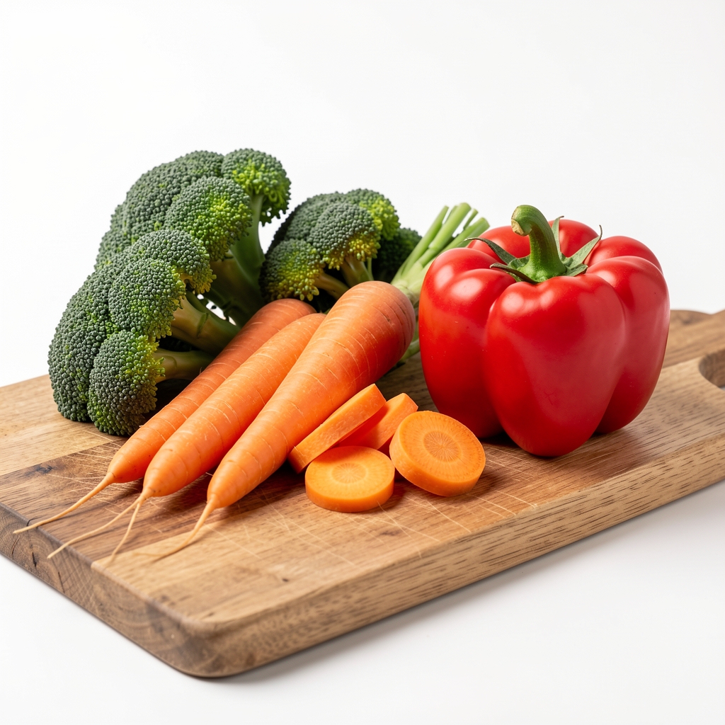 Nahaufnahme von frischen saisonalen Gemüsesorten auf einem Holzbrett, darunter Brokkoli, Karotten und Paprika, gut beleuchtet auf einem weissen Untergrund