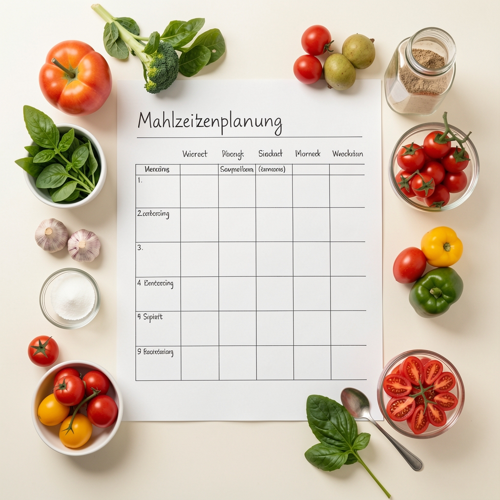 Mahlzeitenplanung: Handgeschriebener Wochenplan mit frischen Zutaten auf hellem Untergrund, Draufsicht