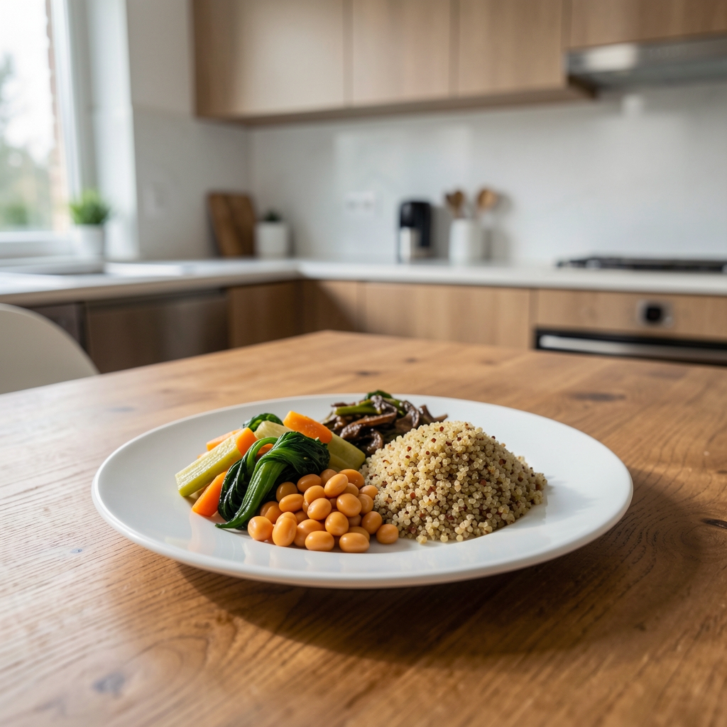 Frisch zubereitete ausgewogene Mahlzeit auf einem weissen Teller mit Quinoa, gedünstetem Gemüse und Hülsenfrüchten auf einem Holztisch in einer modernen Küche