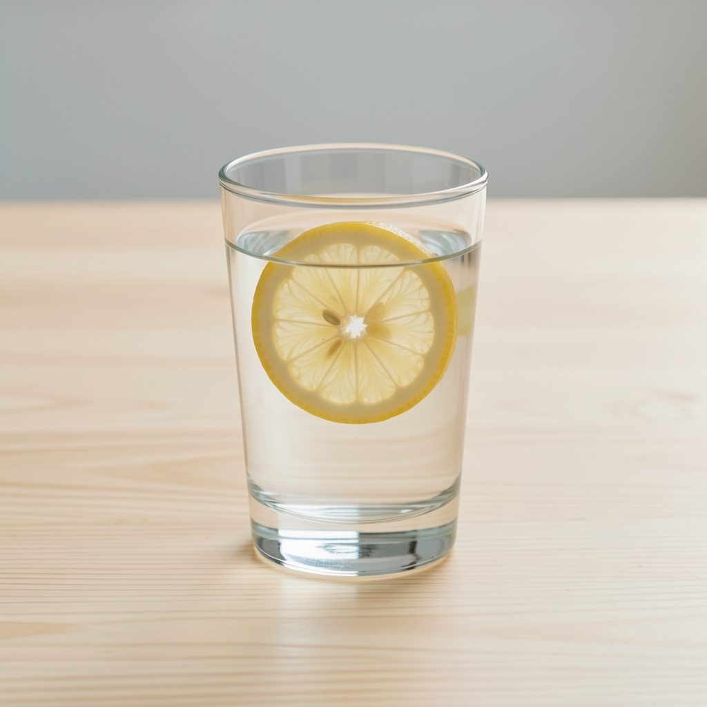 Verschiedene Wasserflaschen und ein Glas mit frischem Wasser und einer Zitronenscheibe auf einem hellen Holztisch, symbolisch für optimale Flüssigkeitszufuhr