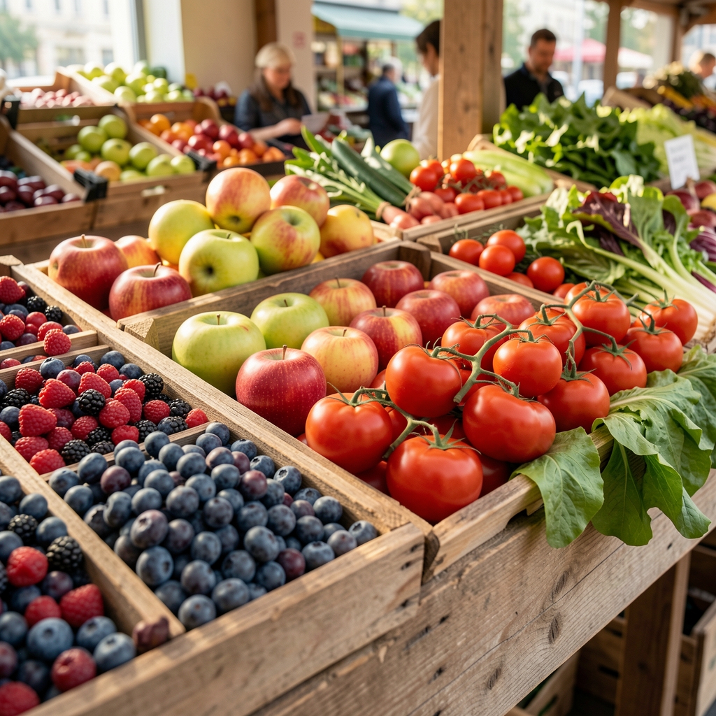 Buntes Sortiment frischer Früchte und Gemüsesorten auf einem Holzmarktstand, darunter Beeren, Äpfel, Tomaten und Salat, helles natürliches Licht